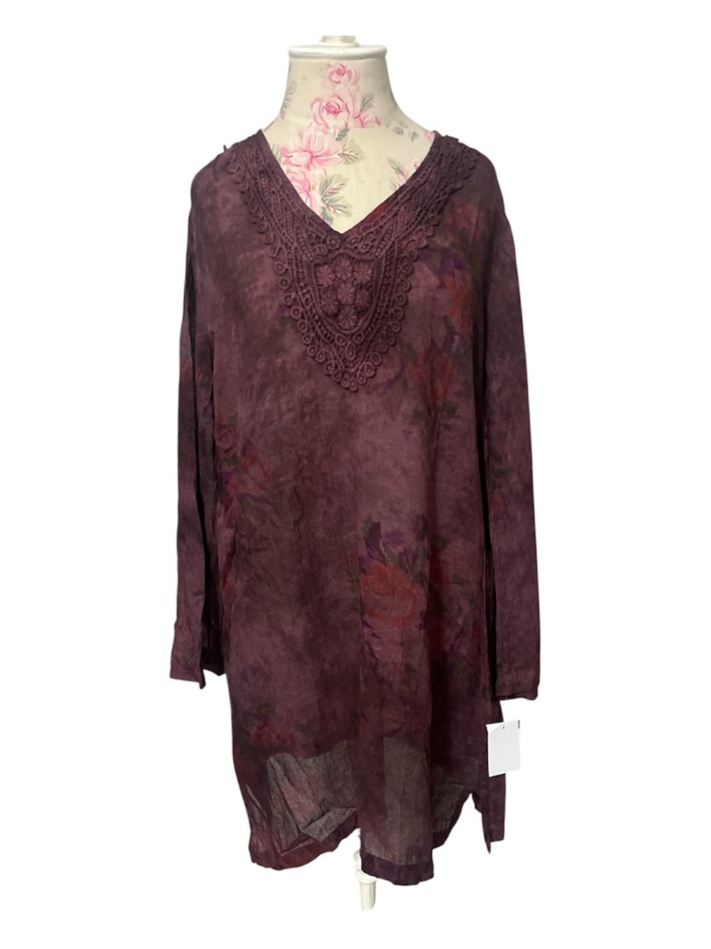 Lace-Trim V-Neck Tunic in Deep Plum